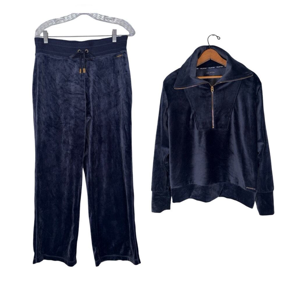 Halston Women's Velour Ribbed Lounge Set in Navy Size: M
